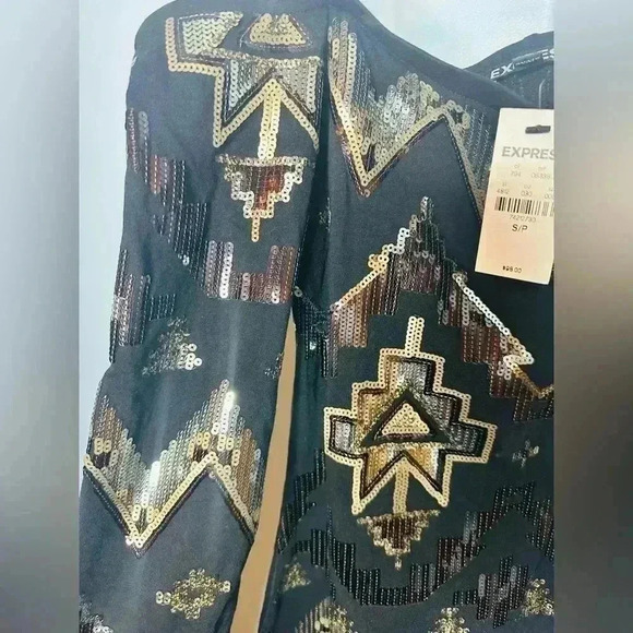 Express NWT Off the shoulder black and gold sequins bodycon mini dress s… - Picture 4 of 6